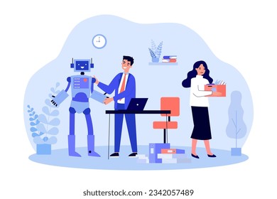 AI robot replacing human employees at work vector illustration. Employer firing female worker and welcoming chatbot with laptop. Job automation, job losses due to artificial intelligence concept