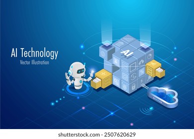 AI robot search data in block chain technology. Artificial intelligence with security system, machine learning. smart search engine. Implement of robotic research in global.