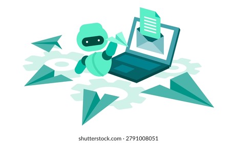 AI robot sending bulk marketing emails from laptop vector illustration for digital newsletter campaign automated lead management and outreach