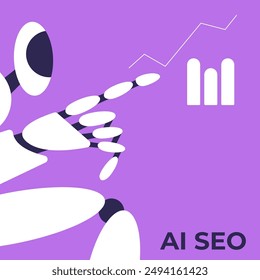 AI Robot SEO Tools. Enhances productivity in digital tasks. Automates social media, SEO, and coding. Flat vector illustration.