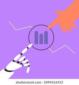 AI Robot SEO Tools and Human connection. Indicate stock market. Automates social media, SEO, and coding. Flat vector illustration.