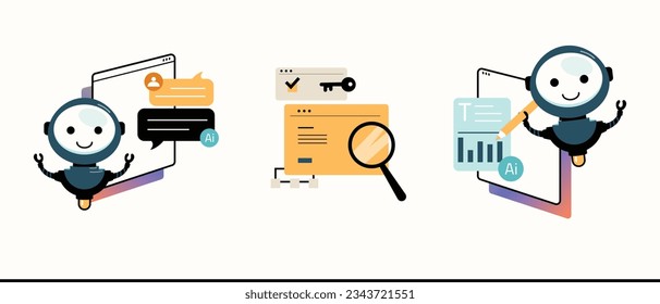 ai robot silly character flat vector illustration concept of communication conversation dialogue with AI chat bot, ai use in content writing and creation marketing, market research