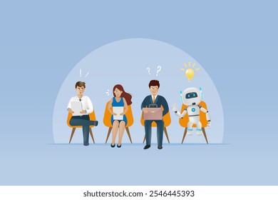 AI robot sit among recruitment candidates for interview on vacant job. Career and job disruption from artificial intelligence technology.  Vector.	 
