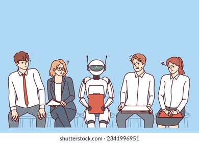 AI robot sits among frustrated job seekers losing jobs due to innovative technologies and robotization of production. Office workers look with distrust at robot with artificial intelligence