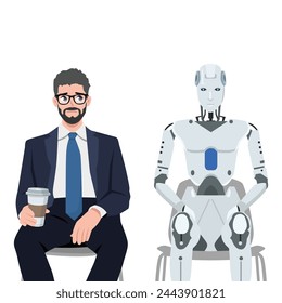 AI robot sits among frustrated job seeker losing jobs due to innovative technologies and robotization of production. Flat vector illustration isolated on white background