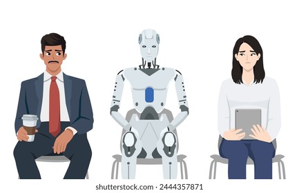 AI robot sits among frustrated job seekers losing jobs due to innovative technologies and robotization of production. Flat vector illustration isolated on white background