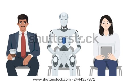 AI robot sits among frustrated job seekers losing jobs due to innovative technologies and robotization of production. Flat vector illustration isolated on white background