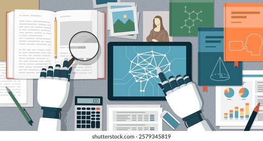 AI robot sitting at the desk, reading books and analyzing data, top view: deep learning and artificial intelligence concept