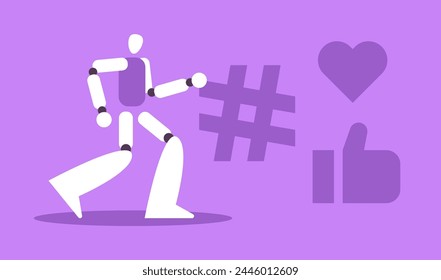 AI Robot in social networks, marketing tools based on artificial intelligence, intelligent interface. Flat vector illustration.