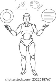 An AI robot spreading its arms and arranging data