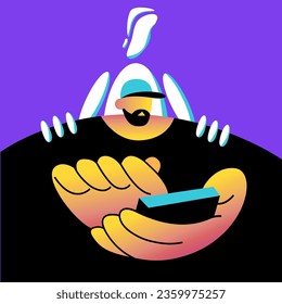 AI Robot is spying on the person. Ethics in the use of Artificial Intelligence. Flat vector illustration.