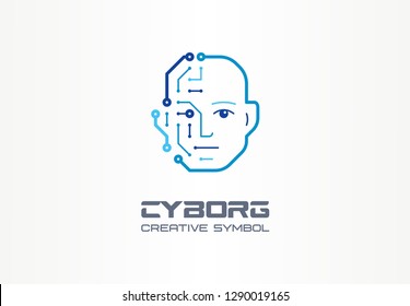 AI Robot Technology Creative Symbol Machine Concept. Digital Bionic Cyborg Face Abstract Business Future Logo. Smart Humanoid, Circuit Board Icon. Corporate Identity Logotype, Company Graphic Design