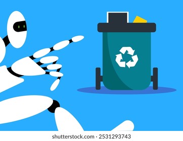 Sortimento de resíduos eletrônicos em caixote especial. Robô jogando lixo na cesta. Conceito de reciclagem. Recipiente de reciclagem com lixo triado e trituração. Ilustração de vetor plano.