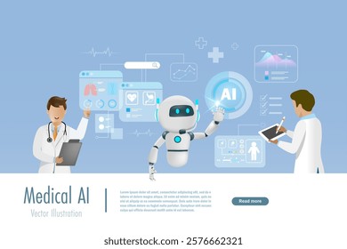 AI robot touch AI medical data network connecting. Artificial intelligence innovation technology for diagnosis, care, and increasing accuracy patient treatment. Medical research and development.