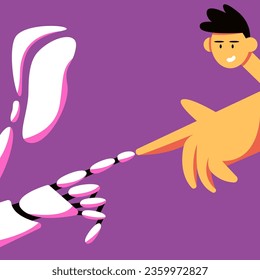 AI Robot touches the human hand. Artificial intelligence and human work. Flat vector illustration in cartoon style.