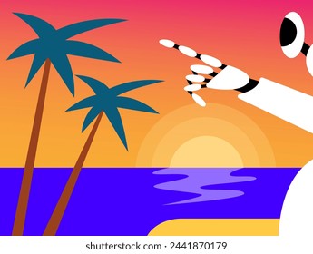 AI Robot tourist on vacation surfing on a sea. Flat vector illustration.