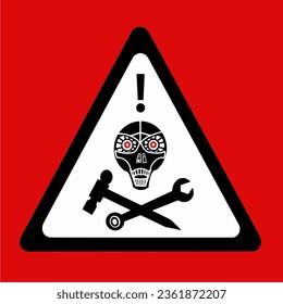 AI robot triangle Caution sign on red background,The hammer and wrench are crossed below the robot's skull icon,  Illustration vector  background