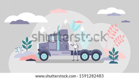 AI robot truck driver logistics transportation flat tiny person vector illustration concept. Industry 4.0 automation and future infrastructure technology progress in world wide global transit network.