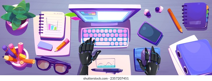 Un robot que escribe en el fondo del vector de la vista superior de la mesa de escritorio de oficina. Espacio de trabajo de escritorio con asistencia de bots de inteligencia artificial para la ciberseguridad. Cyborg chatbot con teclado arriba concepto.