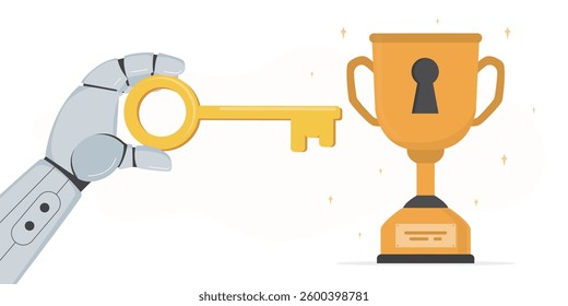 AI robot uses large key to unlock path to success. Golden winner cup with keyhole. Chat bot searching opportunity, inspiration. partnership and problem solving to achieve goals. vector illustration