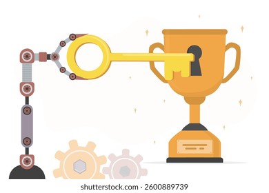 AI robot uses large key to unlock path to success. Golden winner cup with keyhole. Chat bot searching opportunity, inspiration. partnership and problem solving to achieve goals. vector illustration