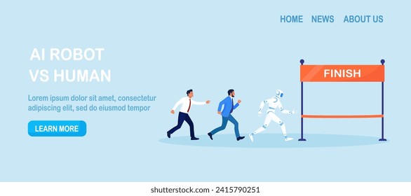 Ai robot vs man. Business competition. Robot employee competition with human. Artificial intelligence and people running competition together. Future automation. Robotic machine and worker