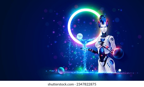 AI robot woman with artificial intelligence analysis flow big data. Cyborg woman contemplative stream of datum in image waterfall of lights particles. Machine learning concept. Neural network training