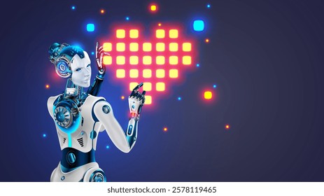 AI robot woman hold love heart in hands. Banner for Valentine  day of AI technology. Neural networks, artificial intelligence woman robot with AI makes up heart of glowing pixels. Valentine  Card.