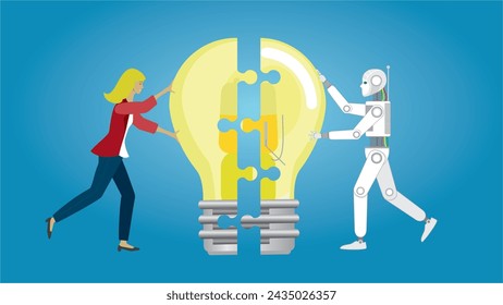 AI robot and woman putting their ideas together. Dimension 16:9. Vector illustration.