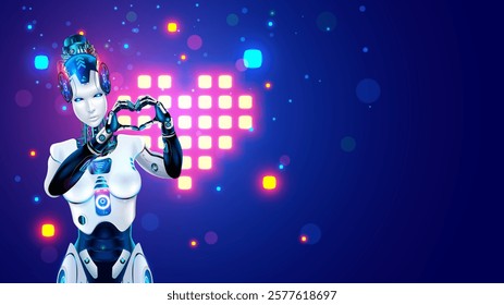 AI robot woman shows heart gesture with his hands. Pixel heart on background. Banner for Valentine's day in style of AI, digital technology. Neural networks, artificial intelligence with heart