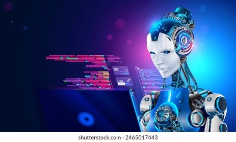 AI robot work on laptop. Robot software developer or programmer coding on laptop. AI chat bot writing code of programs in image mechanical robot. Artificial intelligence of software development.