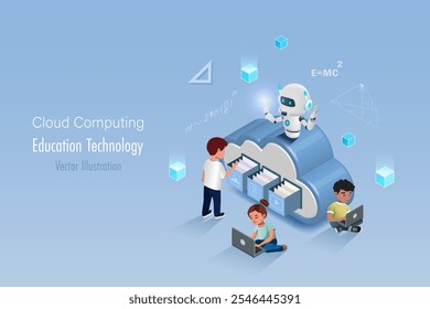 AI robot working with digital cloud computing help kids for online learning and studying. Search engine, data research and wireless data storage by Artificial intelligence. Education technology.