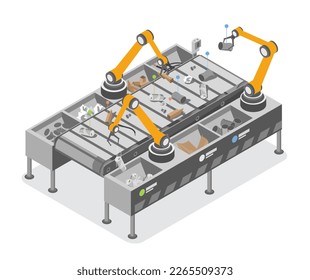 Ai Robot working help to garbage sorting in waste recycle sorting plant workplace ecology technology help humanity Concept isometric isolated vector