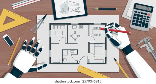 AI robot working on a house project, artificial intelligence and automation concept