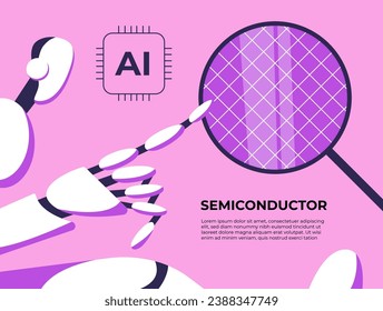 Robot trabajando en la industria de semiconductores. Desarrollo de chips para IA. Inteligencia artificial sobre elementos semiconductores. Ilustración vectorial plana en estilo de dibujos animados.