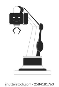 AI robotic arm with gripper black and white 2D line object. Factory automation. Artificial intelligence manufacturing technology isolated clip art vector outline item. Monochromatic spot illustration