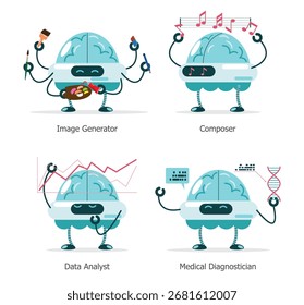 AI robotic brain has various abilities . They can draw picture, compose music, analyze data and diagnose disease . Cartoon illustration . Isolated white background . Vector .