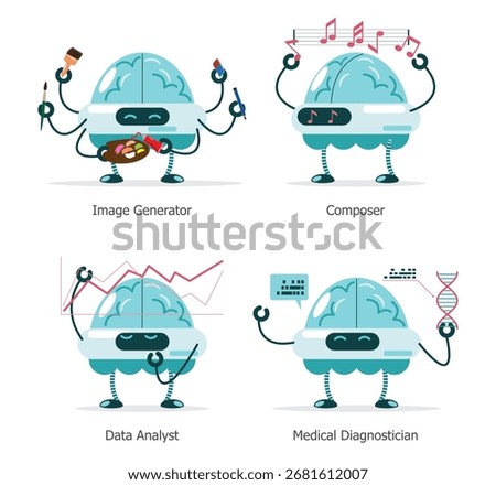 AI robotic brain has various abilities . They can draw picture, compose music, analyze data and diagnose disease . Cartoon illustration . Isolated white background . Vector .