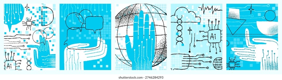 AI Robotic Hands Concepts, Global Technology and Balance Symbols in Hand-Drawn Doodle Style