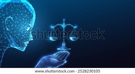 AI robotic head gazes at hand holding scales on dark blue background. Ethical decision-making, fairness, and balance in artificial intelligence concept. Low polygonal abstract vector illustration