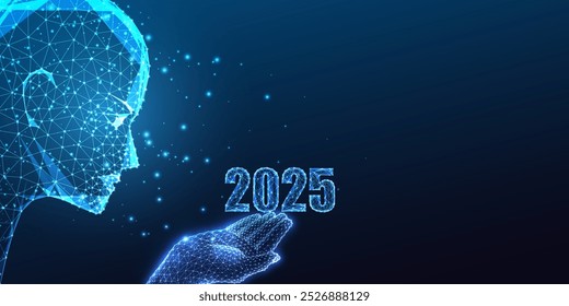 A cabeça robótica da IA mantém 2025 dígitos no fundo azul escuro. Tecnologia futurista, inteligência artificial, inovação, conceito robótico avançado para o futuro. Ilustração de vetor abstrato poligonal baixo