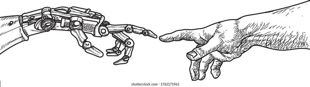 AI and Robotics Adams God Hand of Michelangelo vintage vector design concept