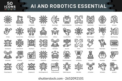 Conjunto de coleção de ícones AI e Robótica Essential. Ilustração de vetor de contorno simples.