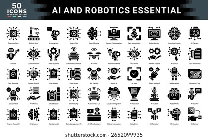 Conjunto de colecciones de iconos esenciales de IA y robótica. Simple Ilustración vectorial de glifos.