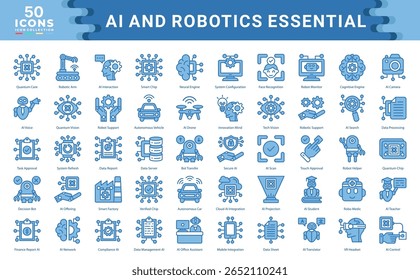 Conjunto de colecciones de iconos esenciales de IA y robótica. Simple Ilustración vectorial azul.