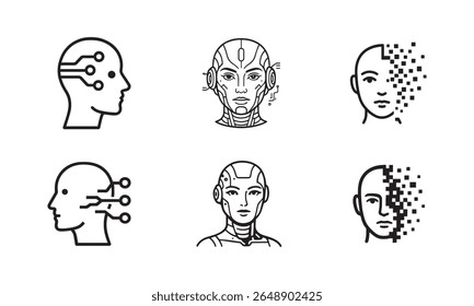 AI and Robotics Humanoid Heads with Circuitry and Data Pixels