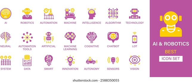 AI and Robotics icon set collection. AI, Robotics, Automation, Machine, Intelligence, Algorithm, Technology, Automation Tools, Neural, Deplaning, Artificial, and best solid icon set.