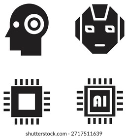 Conjunto de iconos de IA y robótica con Diseños de Perfil humano, rostro de Android y microchip