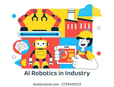 KI-Robotik in der Industrie Vektorgrafik mit intelligenter Automatisierung, Industrieroboter, Hintergrund für fortschrittliche Fertigungstechnologie