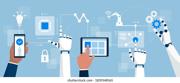 AI Robots And Business People Interacting Together In A Productive Process, Artificial Intelligence And Smart Industry Concept